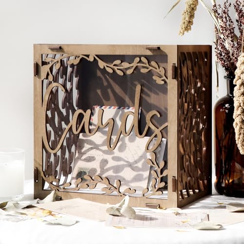 OurWarm Wedding Card Box with Window, Brown Wooden Box Wedding Decorations for Reception, Money Index Card Box for Wedding Bridal Shower Rustic Wedding Decor Party Decorations - Image 1
