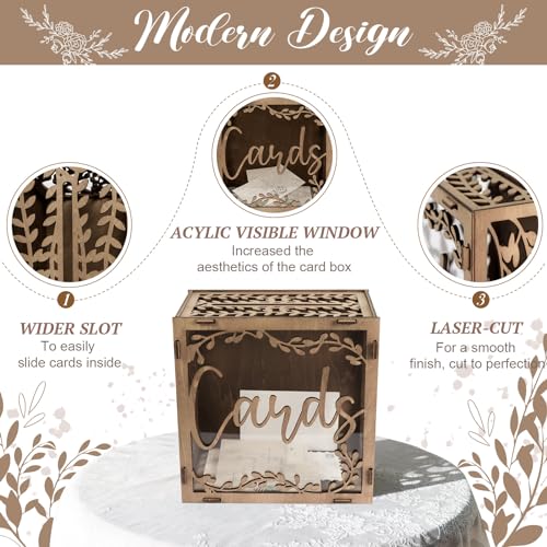 OurWarm Wedding Card Box with Window, Brown Wooden Box Wedding Decorations for Reception, Money Index Card Box for Wedding Bridal Shower Rustic Wedding Decor Party Decorations - Image 4