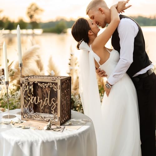 OurWarm Wedding Card Box with Window, Brown Wooden Box Wedding Decorations for Reception, Money Index Card Box for Wedding Bridal Shower Rustic Wedding Decor Party Decorations - Image 5