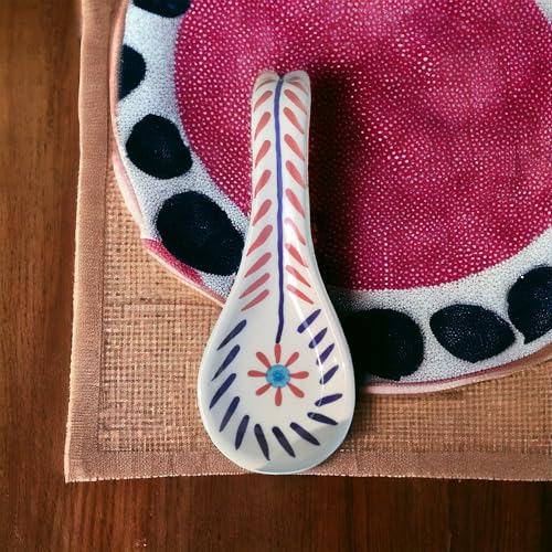 Malaikah Ceramic Spoon Rest Red Leaf Print Hand-Made, Ideal for Kitchen, Tableware, Cutlery Rest, Pack of 1 - Image 2