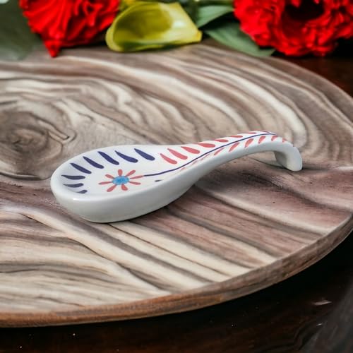 Malaikah Ceramic Spoon Rest Red Leaf Print Hand-Made, Ideal for Kitchen, Tableware, Cutlery Rest, Pack of 1 - Image 4