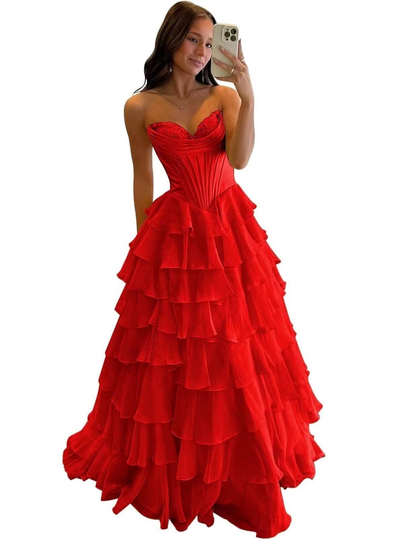 FoinLuve Ruffle Prom Dress Corset Tiered 2025 Strapless Long Chiffon Formal Evening Gown with Slit Red 06 - Image 1