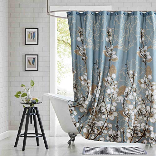 BESTRIPES Fabric Floral Shower Curtain, Blue Shower Curtain, Plant Botanical Flower Shower Curtains for Bathroom, Waterproof Bathroom Curtains - 72" W x 72" H - Image 1