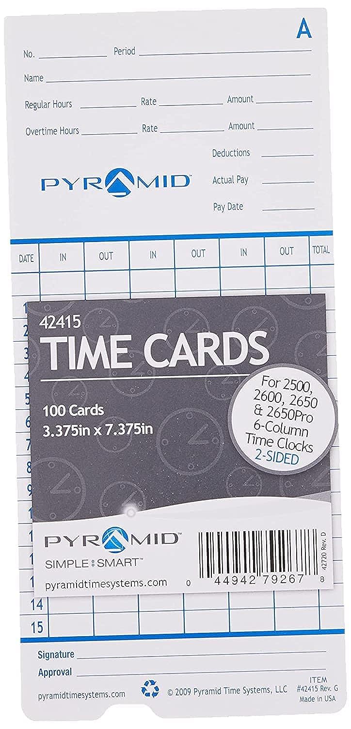 Pyramid Time Systems 42415 Genuine and Authentic Time Cards for 2500, 2600 & 2650 Auto Aligning Time Clocks, 100/Pk, Teal/Orange - Image 1