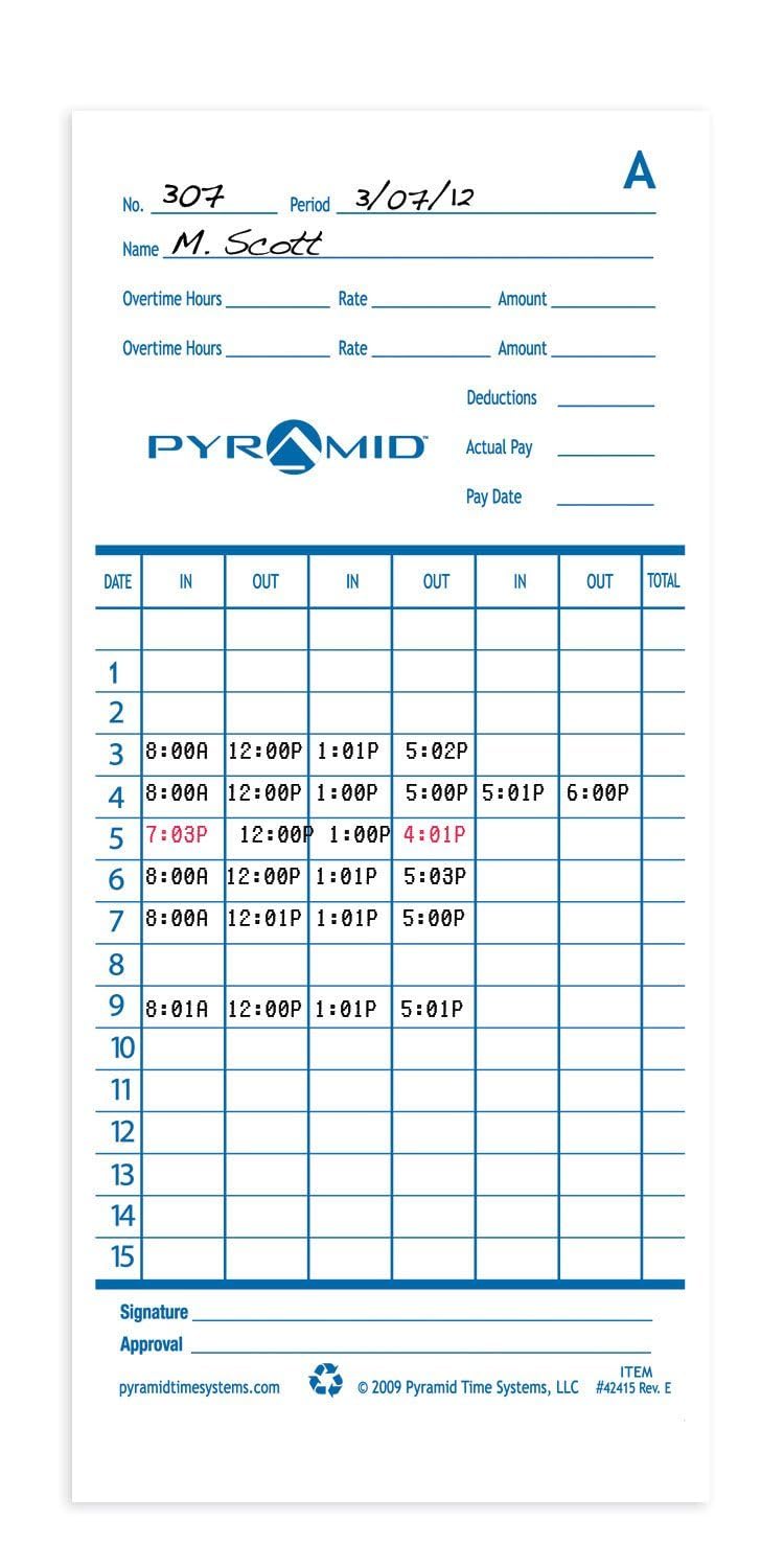 Pyramid Time Systems 42415 Genuine and Authentic Time Cards for 2500, 2600 & 2650 Auto Aligning Time Clocks, 100/Pk, Teal/Orange - Image 5