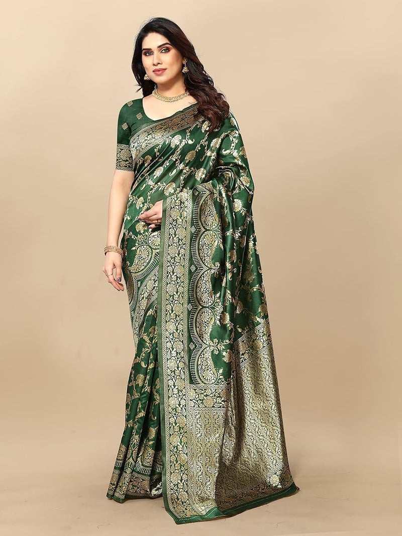 Sidhidata ساري كانجيفارام بناراسي جاكار من سيديداتا للنساء باللون الأخضر الزجاجي مع قطعة بلوزة - Image 4