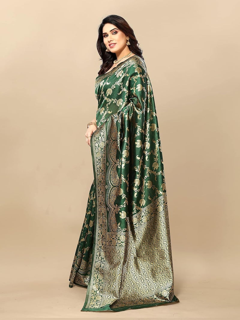 Sidhidata ساري كانجيفارام بناراسي جاكار من سيديداتا للنساء باللون الأخضر الزجاجي مع قطعة بلوزة - Image 3