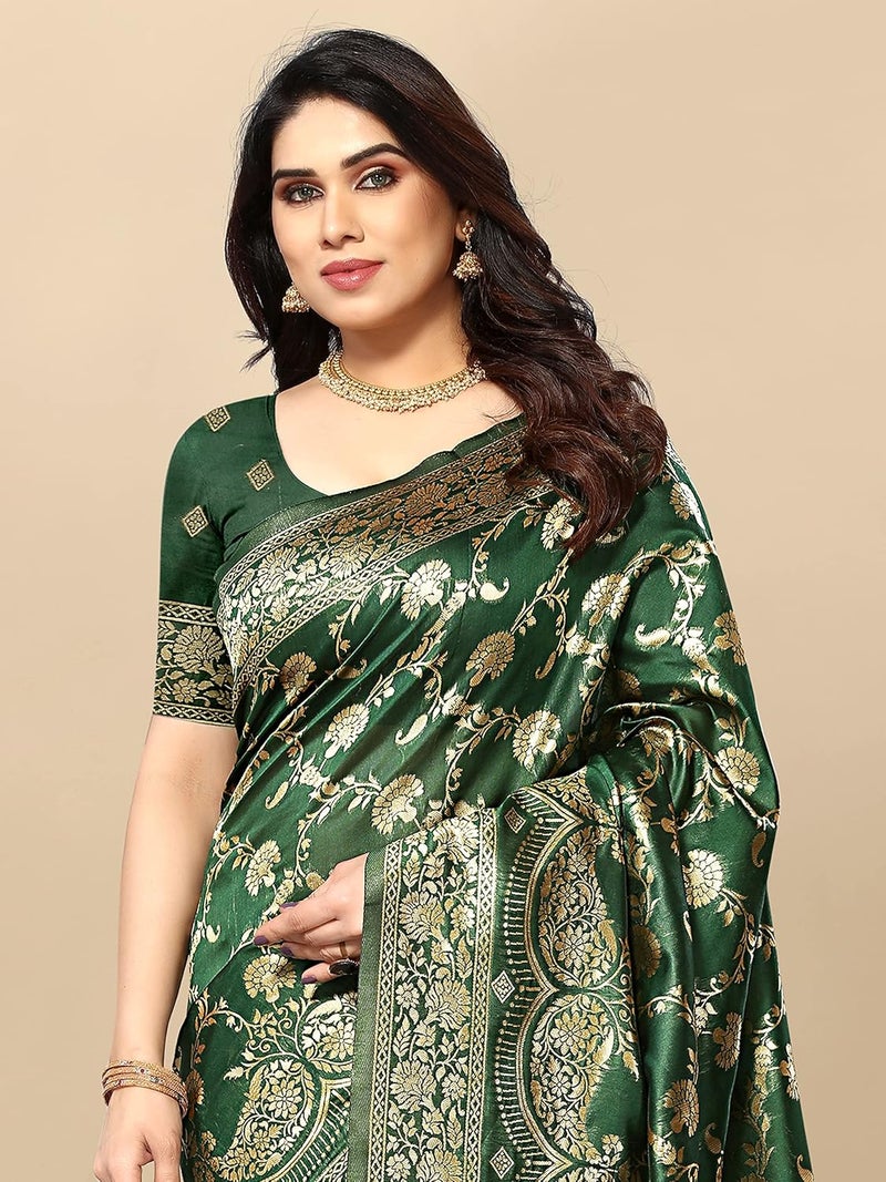 Sidhidata ساري كانجيفارام بناراسي جاكار من سيديداتا للنساء باللون الأخضر الزجاجي مع قطعة بلوزة - Image 2