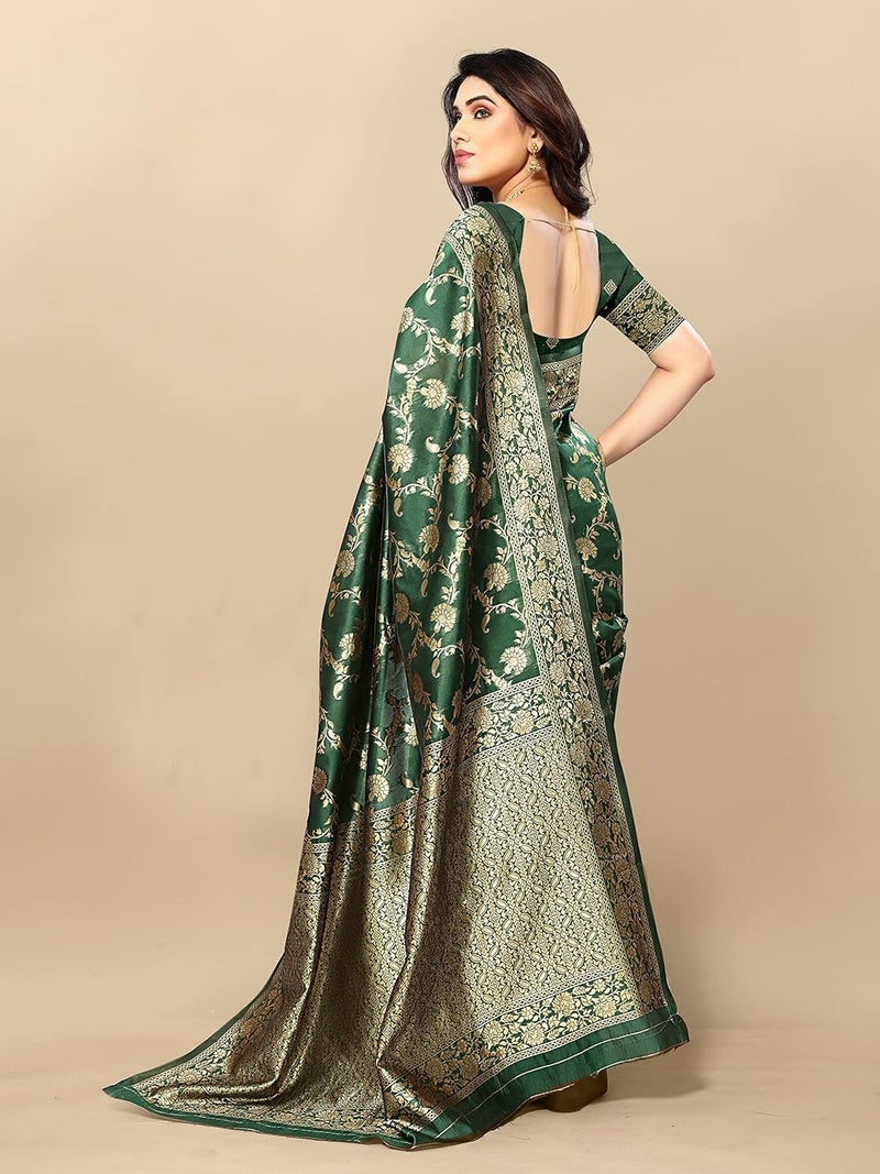 Sidhidata ساري كانجيفارام بناراسي جاكار من سيديداتا للنساء باللون الأخضر الزجاجي مع قطعة بلوزة - Image 5