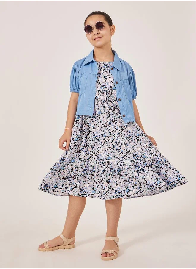 Styli Styli All-Over Print Strappy Dress with Plain Jacket