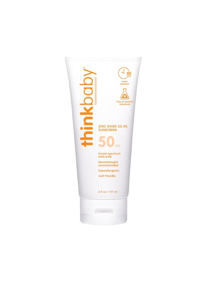 Thinkbaby SPF 50+ Baby Sunscreen, 6 Oz. â€“ Safe, Natural Mineral Sun Cream for Babies - Water Resistant â€“ Broad Spectrum UVA/UVB Sun Protection â€“ Vegan Sunscreen for Kids - Image 1