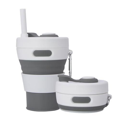 UNNESTAR Collapsible Camping Cup with Straw Silicone Folding Coffee Cup Sport Bottle Portable Travel Outdoor Car 16oz 20oz (Grey) - Image 1