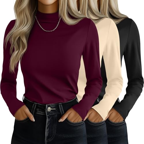 Ficerd 3 Pack Womens Mock Turtleneck Shirts Long Sleeve Mock Neck Pullover Tops Slim Fitted Stretch Undershirt Tee BlouseBlack Burgundy BeigeMedium - Image 1