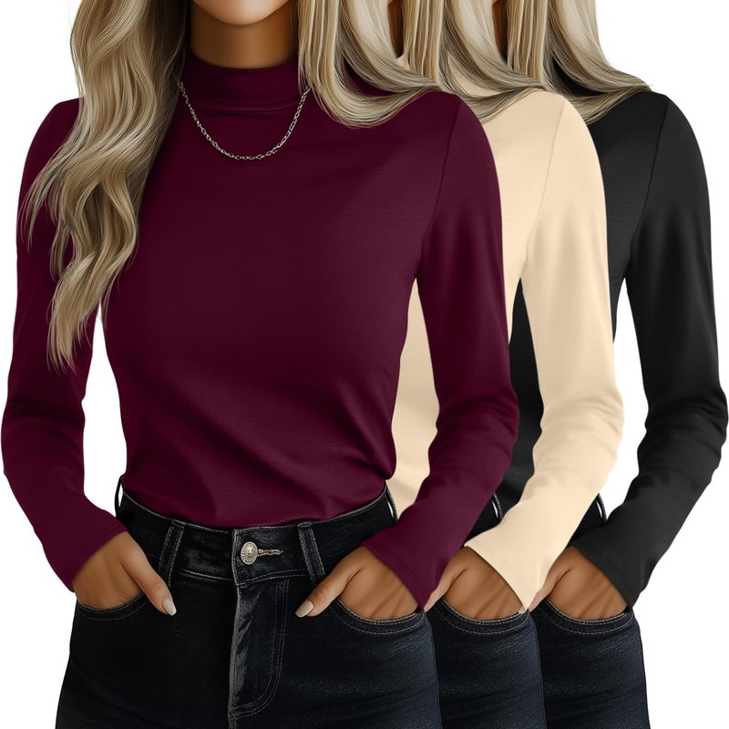 Ficerd 3 Pack Womens Mock Turtleneck Shirts Long Sleeve Mock Neck Pullover Tops Slim Fitted Stretch Undershirt Tee BlouseBlack Burgundy BeigeMedium - Image 2