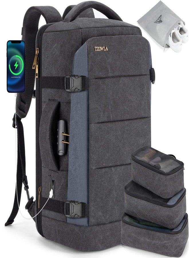 Tzowla 40L Canvas Travel Laptop Backpack for Men Women Carry on Flight Approved,Large Capacity Anti Theft Backpacks with USB Port,Vintage Business Rucksack Bag Fit 17.3 Inch Laptop(Black & Navy Blue) - Image 1