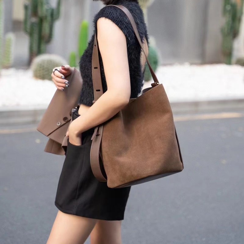 Anti-Suede Bucket Bag, Niche Design, Contrasting Frosted Bag, Simple And Fashionable Shoulder Commuter Bag, Large-Capacity Cowhide Bag - Image 3