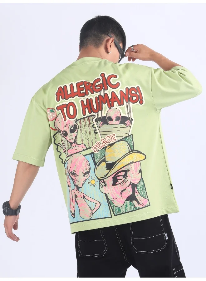 Beyoung Pista Green Allergic To Human Puff Printed Oversized T-Shirt