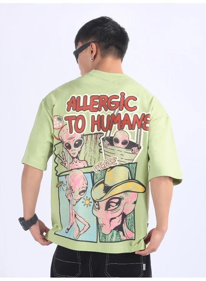 Beyoung Pista Green Allergic To Human Puff Printed Oversized T-Shirt