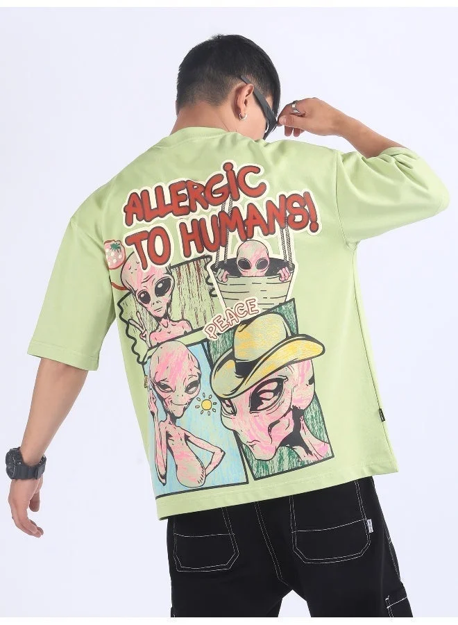 Beyoung Pista Green Allergic To Human Puff Printed Oversized T-Shirt