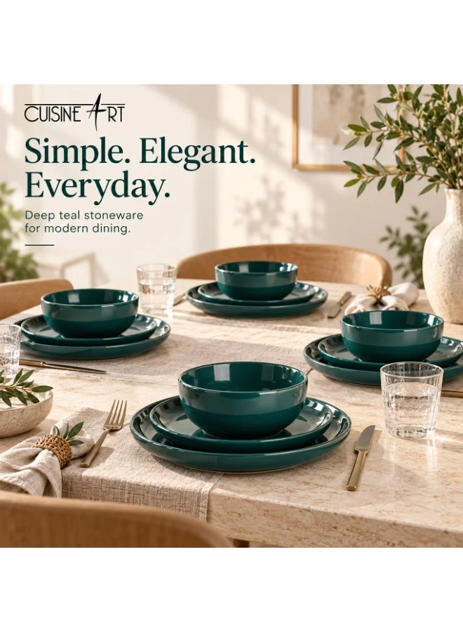Cuisine Art Cuisine Art NAF 12-Piece Stoneware Dinner Set, Dark Green Tableware Set with 4 Dinner Plates, 4 Side Plates & 4 Bowls, Elegant Everyday Dining Set