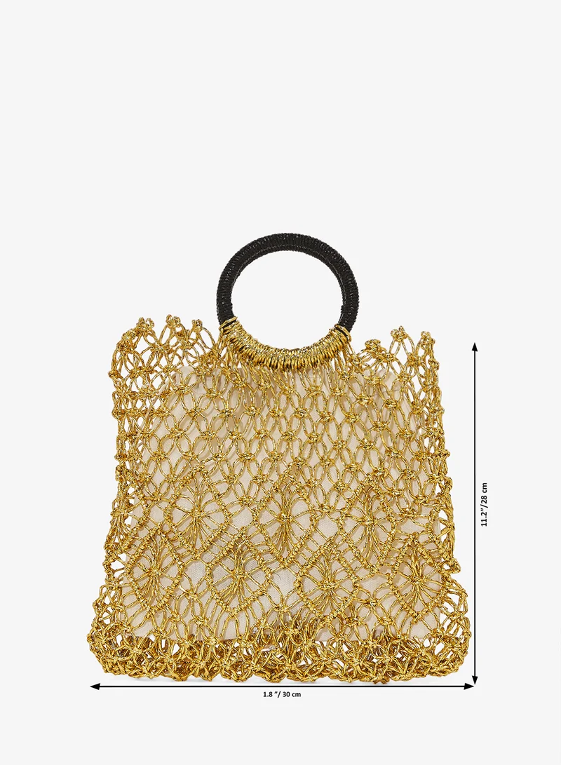 Khizana Gold Gold Detailed Rattan Bag Ring Handle for Women | Best Price UAE