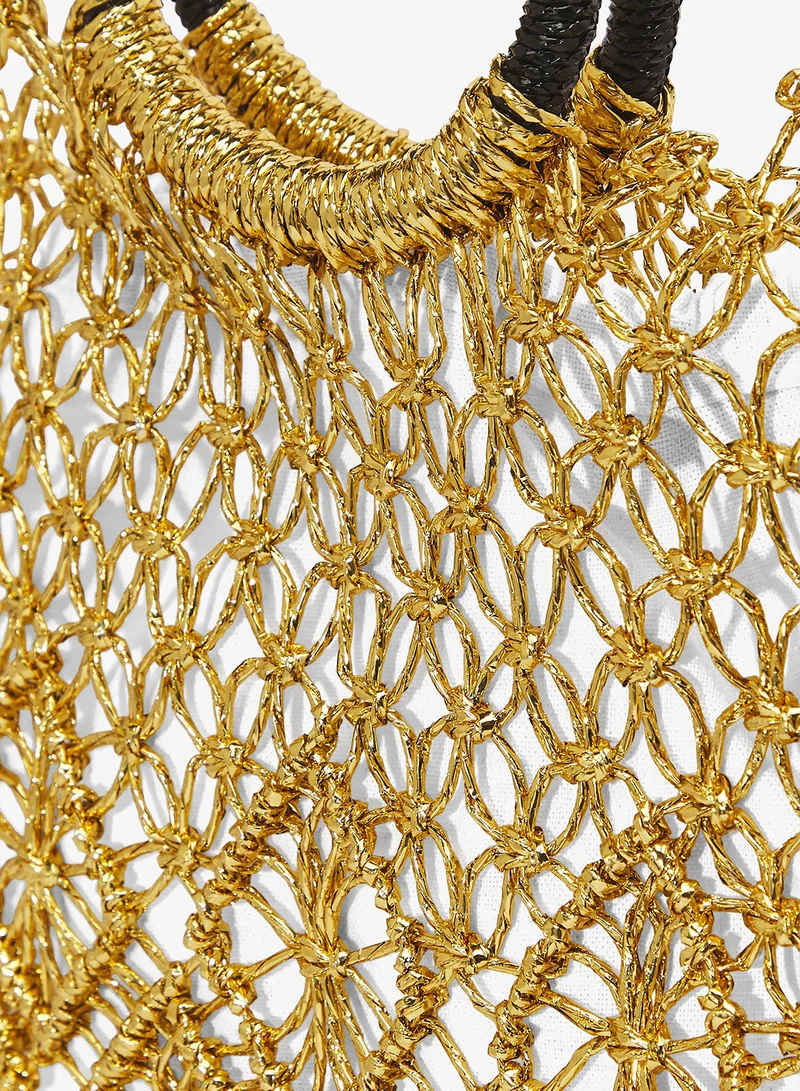 Khizana Gold Gold Detailed Rattan Bag Ring Handle for Women | Best Price UAE