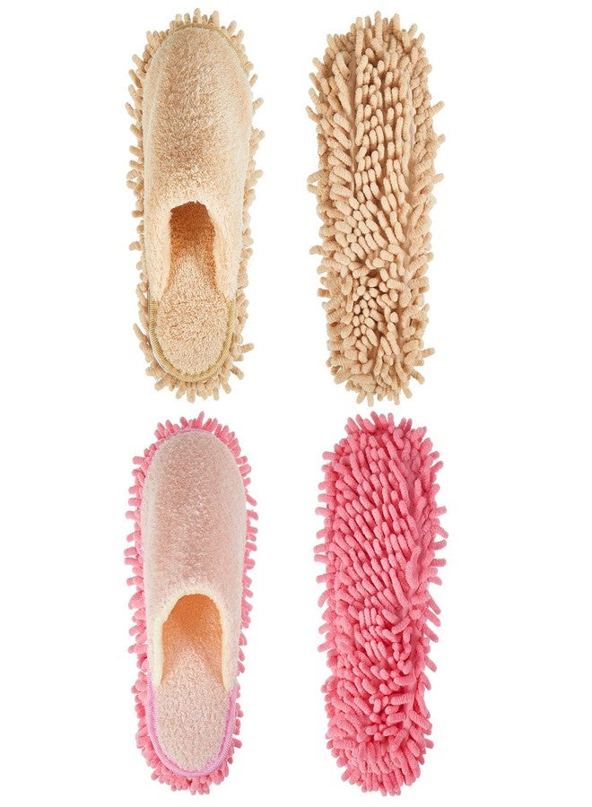 Jecery 2 Pairs Microfiber Slippers Floor Cleaning Chenille Mop Slippers Washable Cleaning Slippers Base Board Cleaner Household Cleaning Tools for Wood Floor Dust Dirt Cleaning Tool Supplies (Pink, Beige) - Image 1