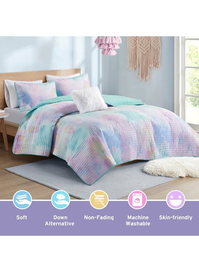 Intelligent Design Queen Quilt Set Boho Quilt Set, Watercolor Tie-Dye Coverlet Set, Casual & Trendy Quilted Lightweight Bedspread, All Season Bed Set, Shams, Cassiopeia, Full/Queen, Pink/Blue 4 Piece - Image 3