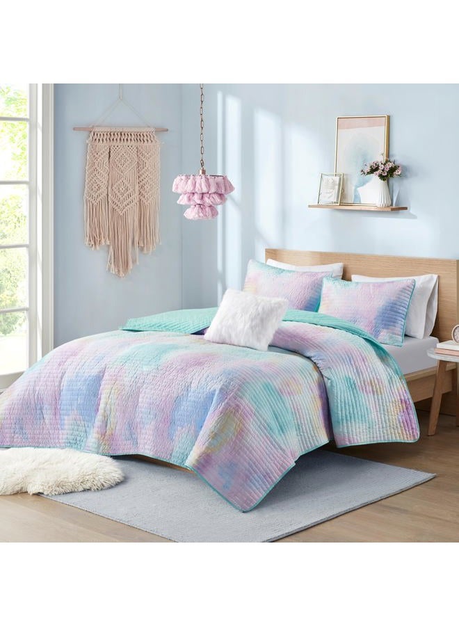 Intelligent Design Queen Quilt Set Boho Quilt Set, Watercolor Tie-Dye Coverlet Set, Casual & Trendy Quilted Lightweight Bedspread, All Season Bed Set, Shams, Cassiopeia, Full/Queen, Pink/Blue 4 Piece - Image 1