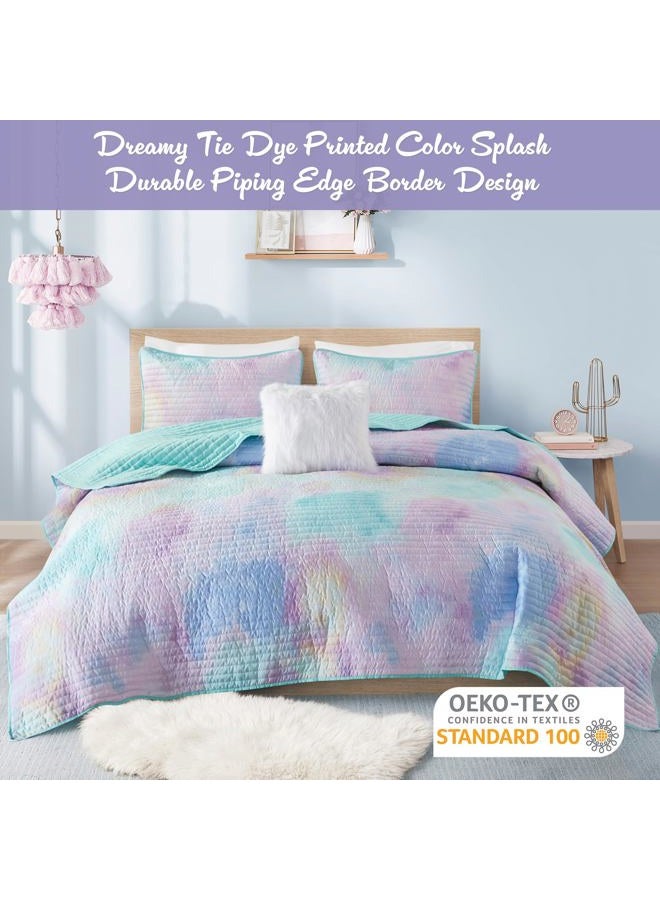 Intelligent Design Queen Quilt Set Boho Quilt Set, Watercolor Tie-Dye Coverlet Set, Casual & Trendy Quilted Lightweight Bedspread, All Season Bed Set, Shams, Cassiopeia, Full/Queen, Pink/Blue 4 Piece - Image 2