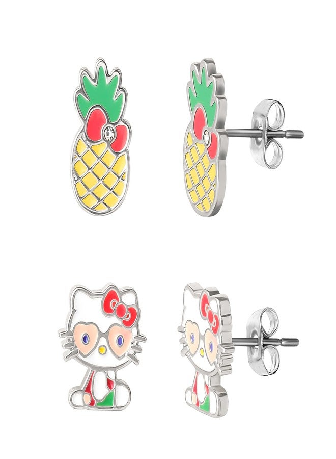 هالو كيتي أقراط هيلو كيتي مرصعة للنساء، مرخصة رسميًا، عبوة من زوجين، أقراط هيلو كيتي مطلية بطلاء لامع وأقراط أناناس - Image 1