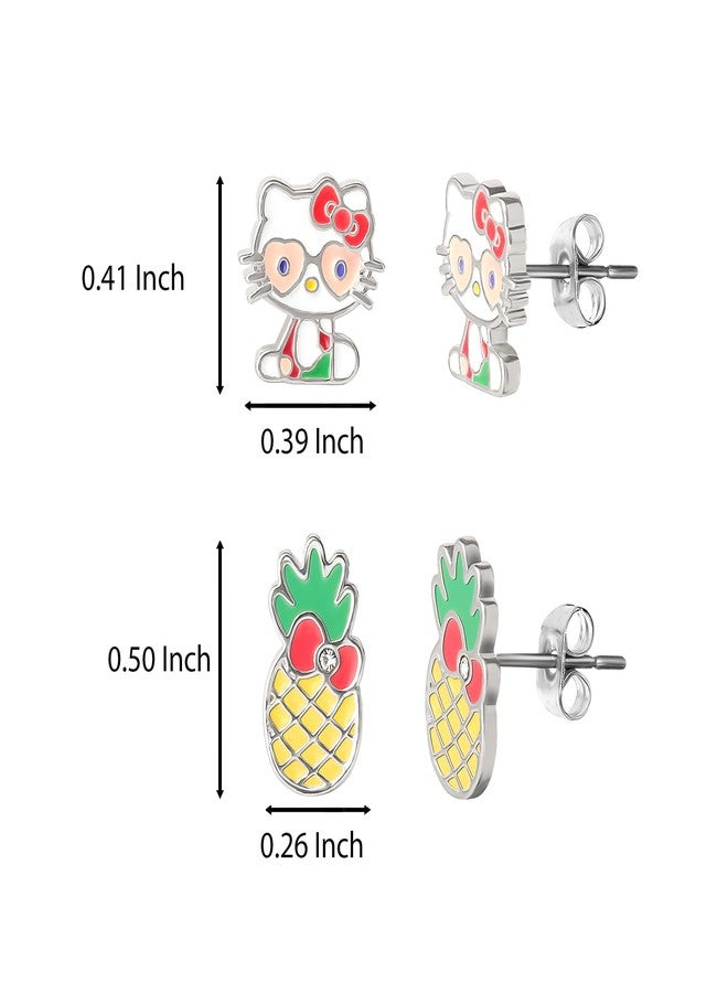 هالو كيتي أقراط هيلو كيتي مرصعة للنساء، مرخصة رسميًا، عبوة من زوجين، أقراط هيلو كيتي مطلية بطلاء لامع وأقراط أناناس - Image 4