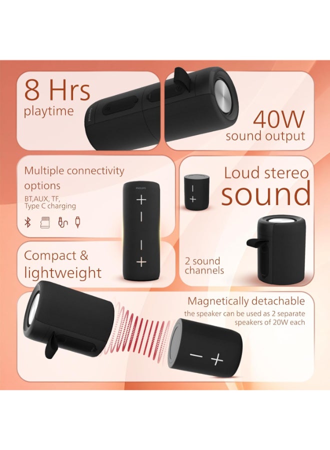 فيليبس Renewed - TAS4400BK/94 Wireless Bluetooth Speaker - 40W, 8H Playtime, IPX4 Water Resistant, USB-C Charging Black - Image 2