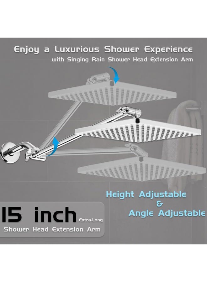Singing Rain 8'' Shower Head with Matching 15'' Extension Arm- Large Surface Fixed Square Shower Head- Extra Long Height and Angle Adjustable Shower Head Extension Arm- Ultimate Shower Experience - Image 5