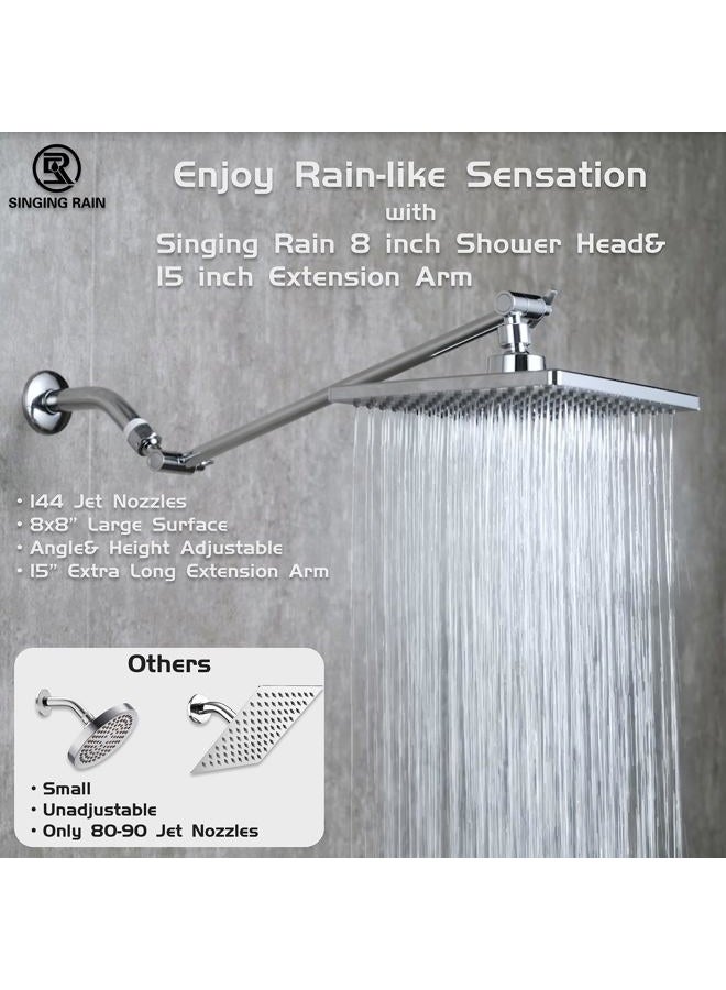 Singing Rain 8'' Shower Head with Matching 15'' Extension Arm- Large Surface Fixed Square Shower Head- Extra Long Height and Angle Adjustable Shower Head Extension Arm- Ultimate Shower Experience - Image 3