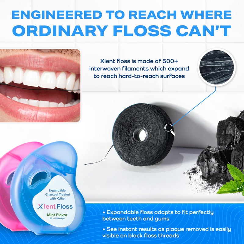 Xlent Expanding Dental Floss â€“ 50m Activated Charcoal Expanding Floss with Xylitol â€“ Mint â€“ PFAS & PTFE Free â€“ Natural Plant Wax â€“ 2 Pack - Image 2