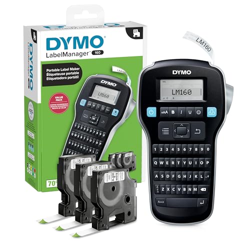 Dymo مجموعة ماكينة لصق DYMO LabelManager 160 المحمولة، سهلة الاستخدام، مفاتيح ذكية بلمسة واحدة، لوحة مفاتيح QWERTY، شاشة كبيرة، لتنظيم المنزل والمكتب، تشمل 3 كاسيتات لصق D1 - Image 1