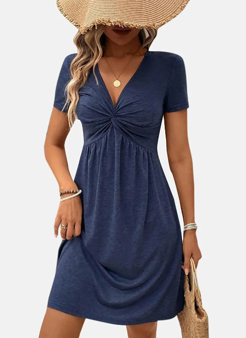 يونيكي Blue Solid Short Sleeve Plunge Neck Mini A-Line Dress