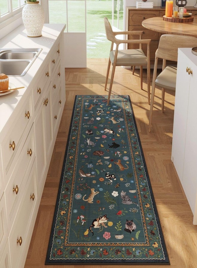 Rugcomf Runner Rug for Kitchen Non Slip 2'6''x8' Washable Rugs with Rubber Backing Soft Floral Animal Cat Carpet Runner for Kitchen Laundry Bedroom Bathroom, Pearl Gentian Blue - Image 1