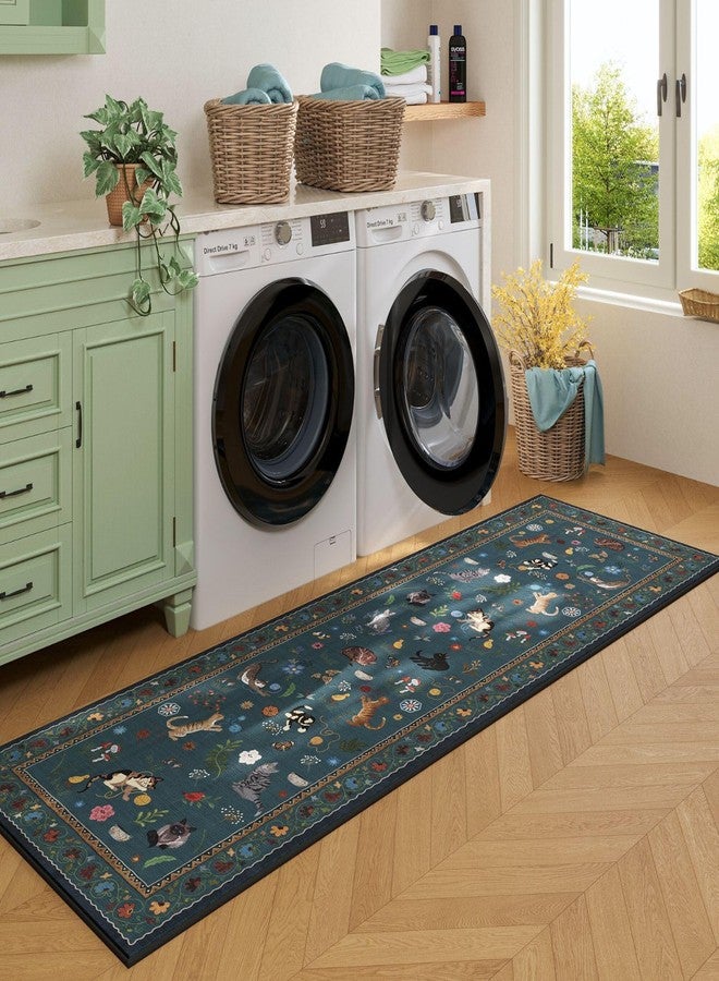 Rugcomf Runner Rug for Kitchen Non Slip 2'6''x8' Washable Rugs with Rubber Backing Soft Floral Animal Cat Carpet Runner for Kitchen Laundry Bedroom Bathroom, Pearl Gentian Blue - Image 4