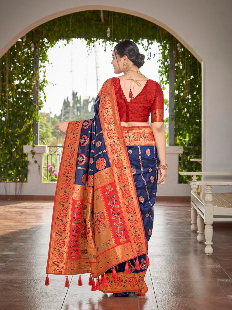 MANOHARI Women's Most Trendy Banarasi Woven Navy Blue with Red Saree With Heavy Jacquard Work Saree With Blouse Piece - Image 4