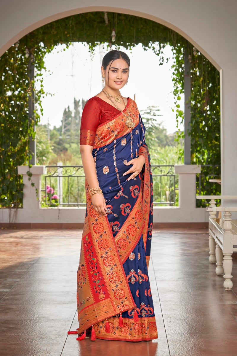 MANOHARI Women's Most Trendy Banarasi Woven Navy Blue with Red Saree With Heavy Jacquard Work Saree With Blouse Piece - Image 5
