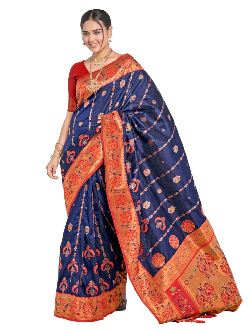 MANOHARI Women's Most Trendy Banarasi Woven Navy Blue with Red Saree With Heavy Jacquard Work Saree With Blouse Piece - Image 1