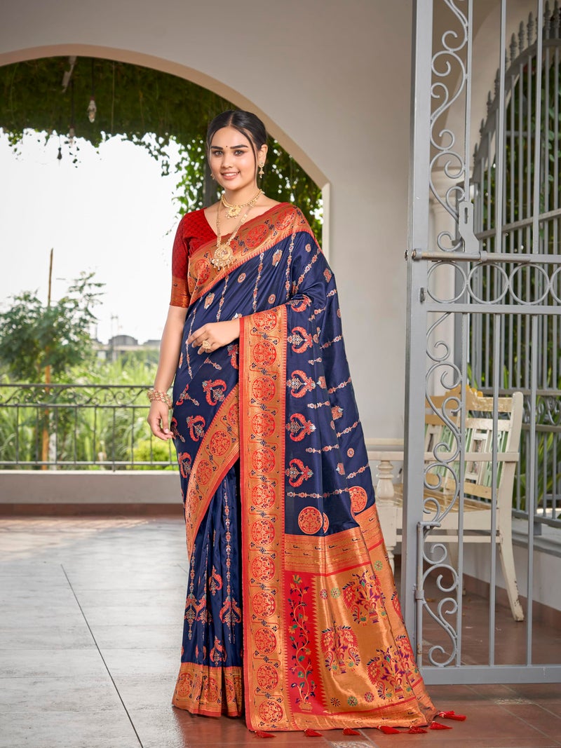 MANOHARI Women's Most Trendy Banarasi Woven Navy Blue with Red Saree With Heavy Jacquard Work Saree With Blouse Piece - Image 2