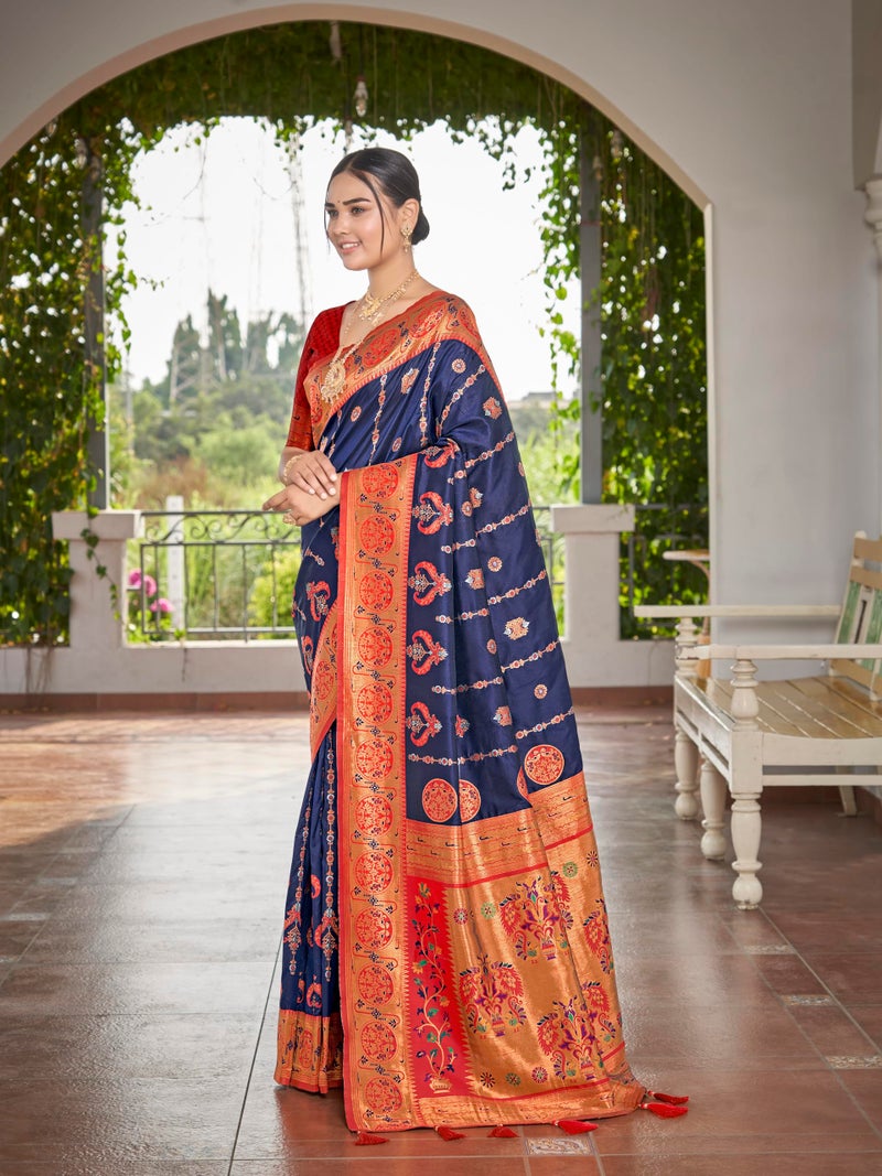 MANOHARI Women's Most Trendy Banarasi Woven Navy Blue with Red Saree With Heavy Jacquard Work Saree With Blouse Piece - Image 3