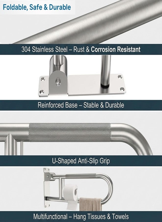 M JINGMEI 30-Inch Foldable Toilet Grab Bar - 90° Flip-Up Design, Premium 304 Stainless Steel, Anti-Slip Grip with Built-in Paper Holder, Wall-Mounted Handicap Safety Rail, Supports 450-500 lbs - Image 5