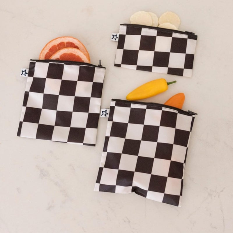 Tiny Twinkle Reusable Snack Bags for Kids – 3 Pack Snack Pouches & Sandwich Bag for Toddlers – Machine Washable, Mess-Proof for Lunch & Travel (Black Checkers) - Image 4