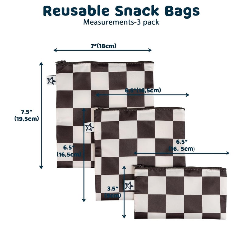 Tiny Twinkle Reusable Snack Bags for Kids – 3 Pack Snack Pouches & Sandwich Bag for Toddlers – Machine Washable, Mess-Proof for Lunch & Travel (Black Checkers) - Image 2