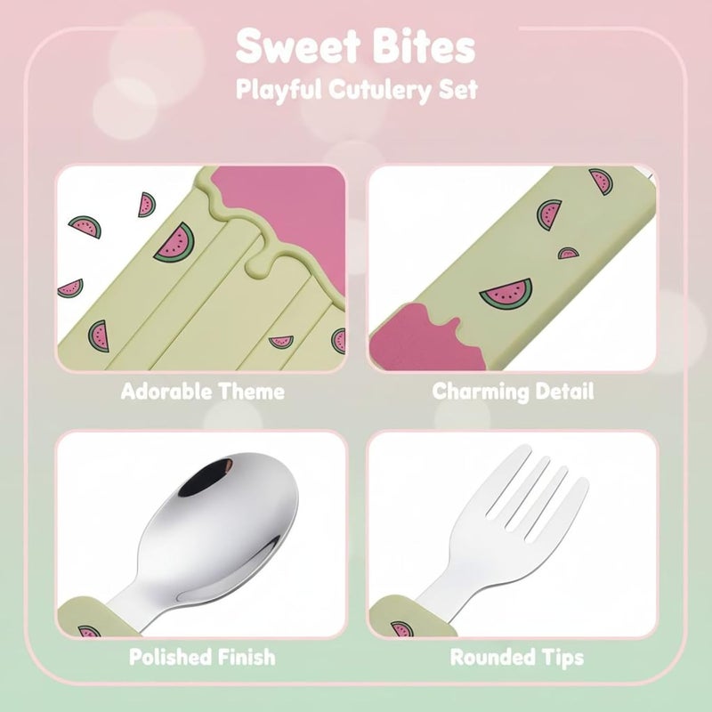 4 Pcs Green Youngsters' Cutlery Set, Stainless Steel Portable Silverware with Ice Cream Cartoon Case, Spoon, Fork, and 5.9 in / 15 Cm Chopsticks - Image 4