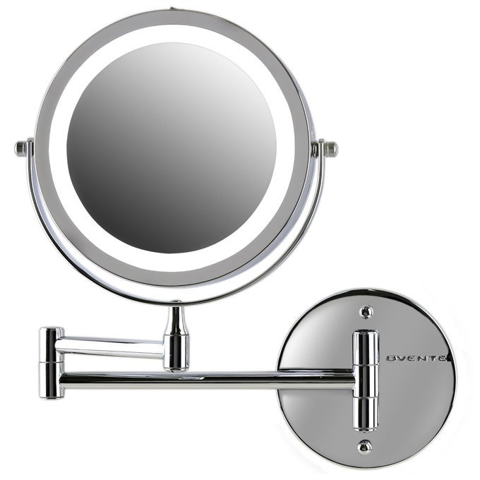 7 LIGHTED WALL MOUNT MAKEUP MIRROR WITH 1X7X MAGNIFICATION CORDLESS DOUBLE SIDED MAGNIFYING ROUND VANITY MIRROR 360 SWIVEL DESIGN EXTENDABLE AND FOLDING ARM POLISHED CHROME MFW70CH1X7X